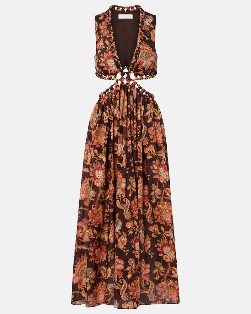 Zimmermann Verziertes Midikleid Aster aus Baumwolle Braun