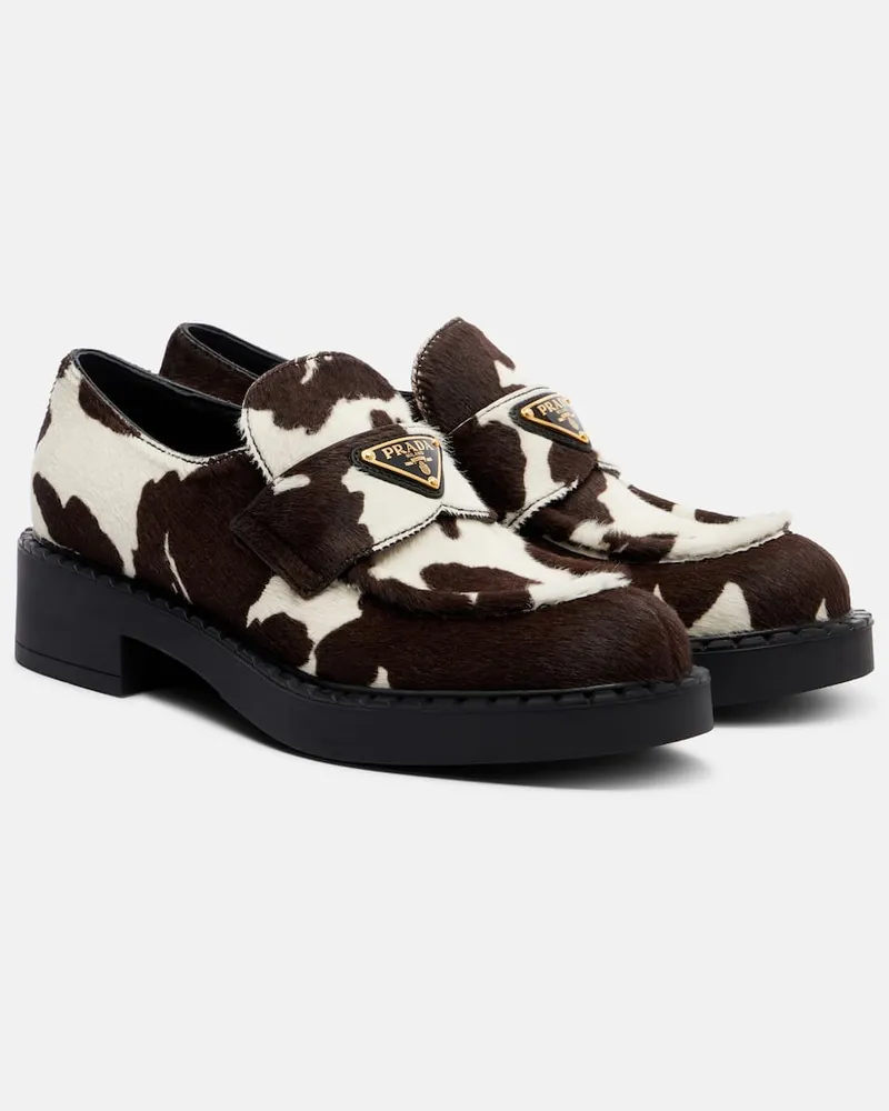 Prada Bedruckte Loafers Chocolate aus Kalbshaar Braun