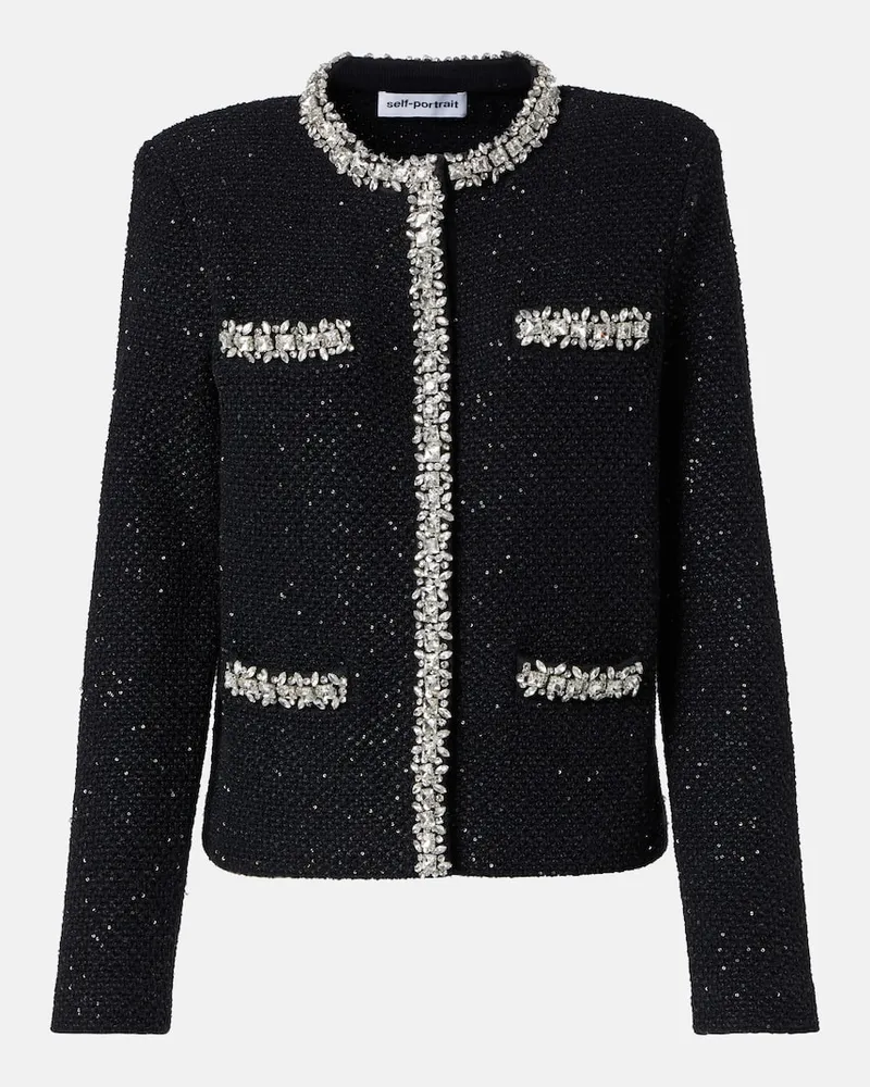 Self-Portrait Jacke aus Bouclé mit Kristallen und Pailletten Schwarz