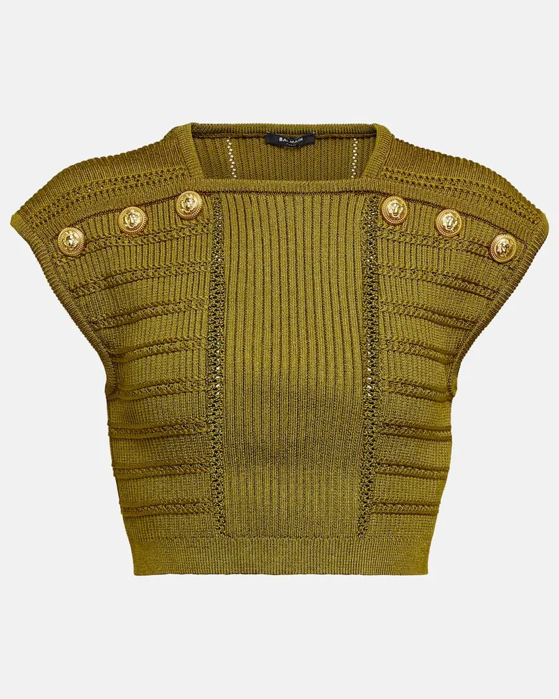 Balmain Verziertes Cropped-Top aus Strick Grã¼n