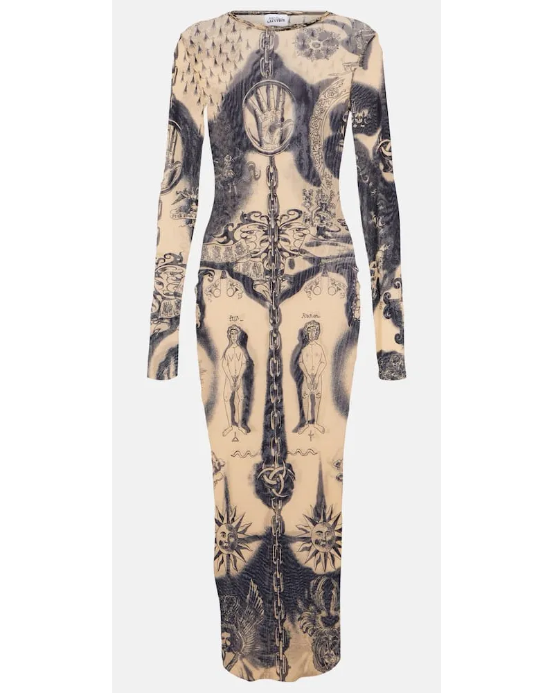 Jean Paul Gaultier Tattoo Collection Bedrucktes Midikleid aus Mesh Beige