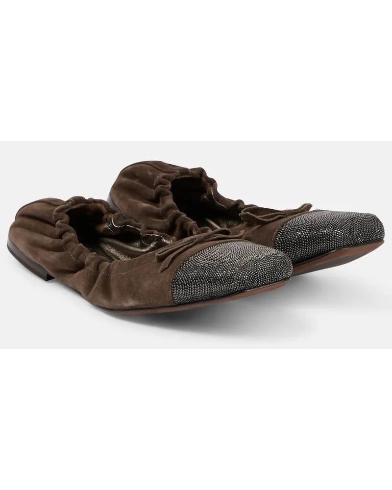 Brunello Cucinelli Verzierte Ballerinas aus Veloursleder Beige