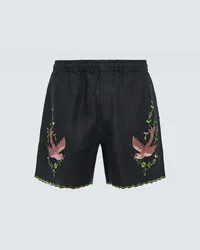 BODE Bestickte Bermuda-Shorts Rosefinch aus Leinen Schwarz