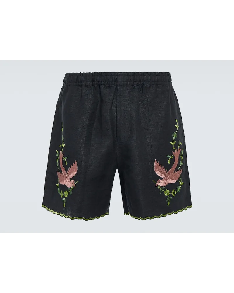 BODE Bestickte Bermuda-Shorts Rosefinch aus Leinen Schwarz