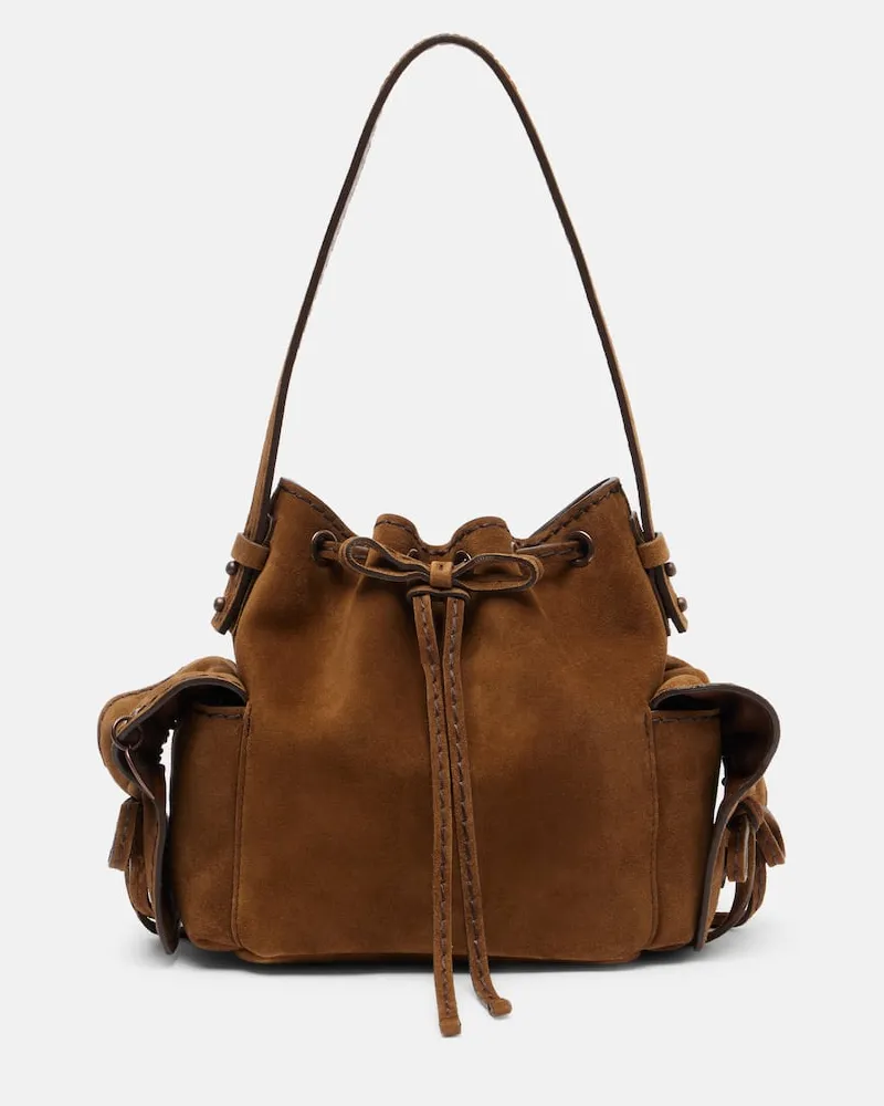 Acne Studios Bucket Bag Multipocket Mini aus Veloursleder Braun