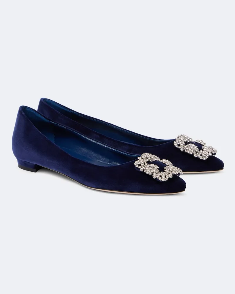 Manolo Blahnik Ballerinas Hangisi aus Samt mit Kristallen Blau