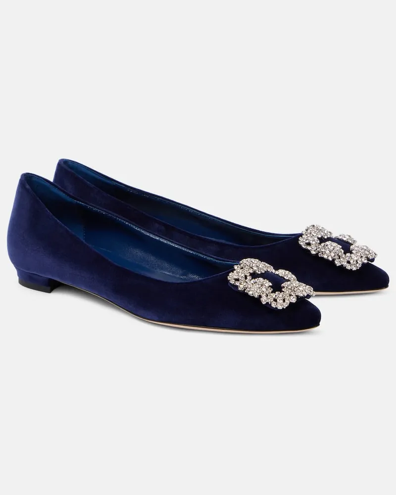 Manolo Blahnik Ballerinas Hangisi aus Samt mit Kristallen Blau