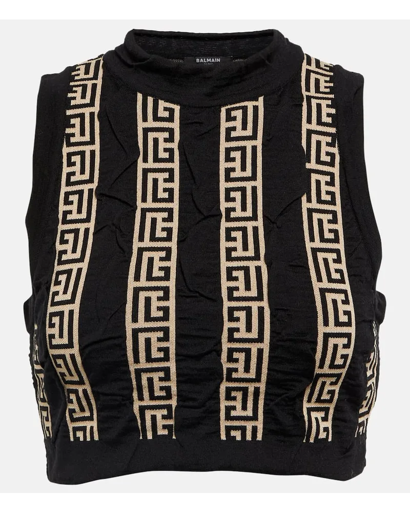 Balmain Cropped-Top Monogram aus einem Wollgemisch Multicolor