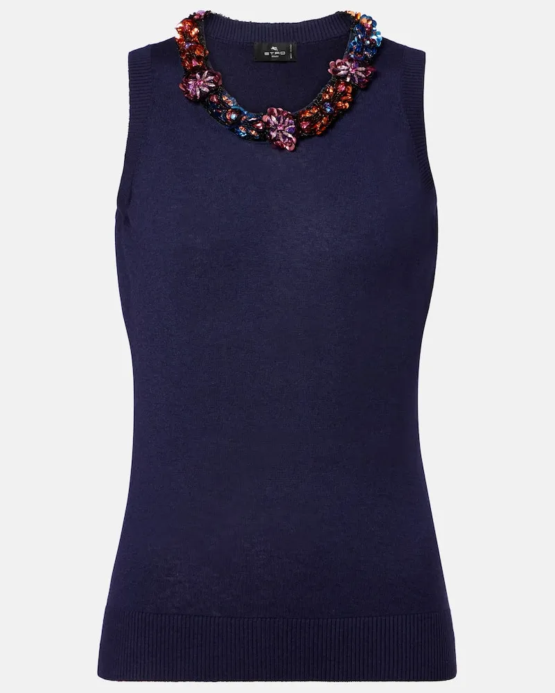 Etro Verziertes Top aus Seide und Kaschmir Blau