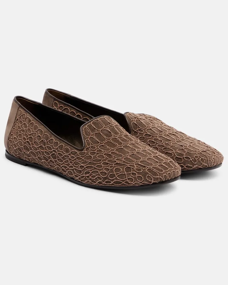 Brunello Cucinelli Verzierte Loafers aus Veloursleder Braun