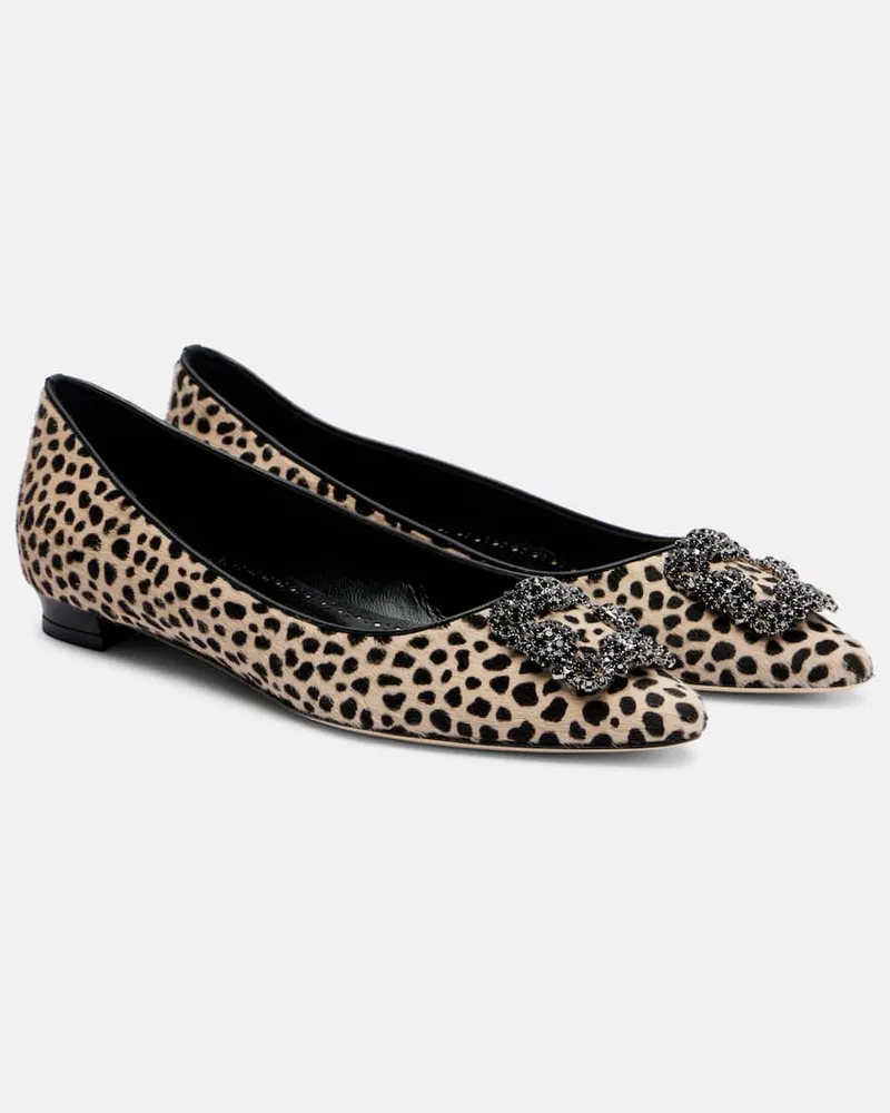 Manolo Blahnik Ballerinas Hangisi aus Kalbshaar mit Kristallen Beige
