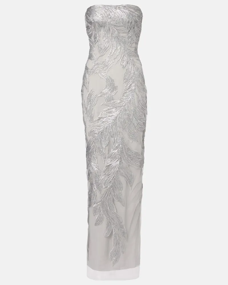 Monique Lhuillier Bestickte Robe aus Seidentüll Silber