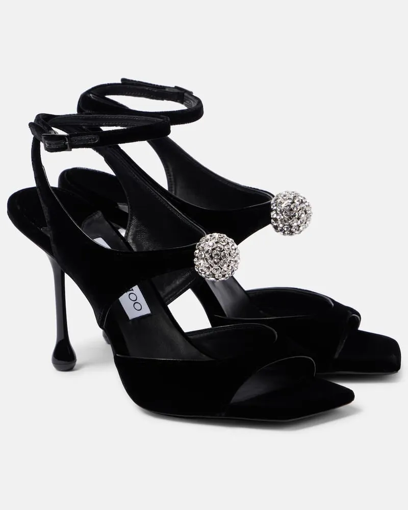 Jimmy Choo Sandalen Orb 95 aus Samt mit Kristallen Schwarz