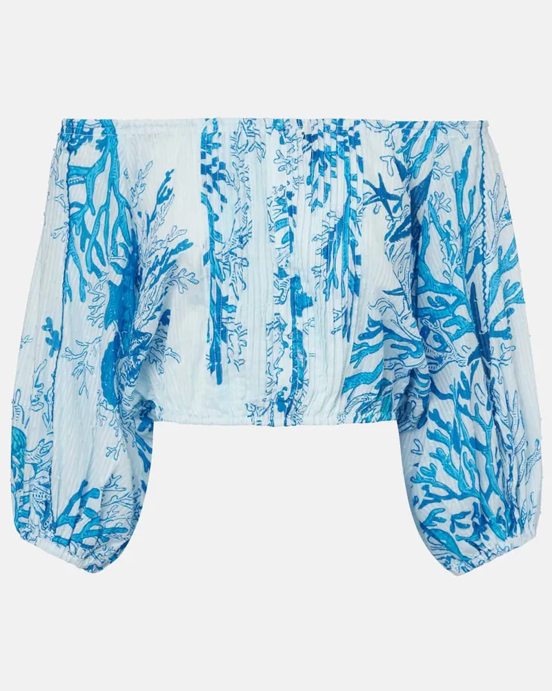 Poupette St Barth Bedrucktes Off-Shoulder-Top Bova aus Baumwolle Blau