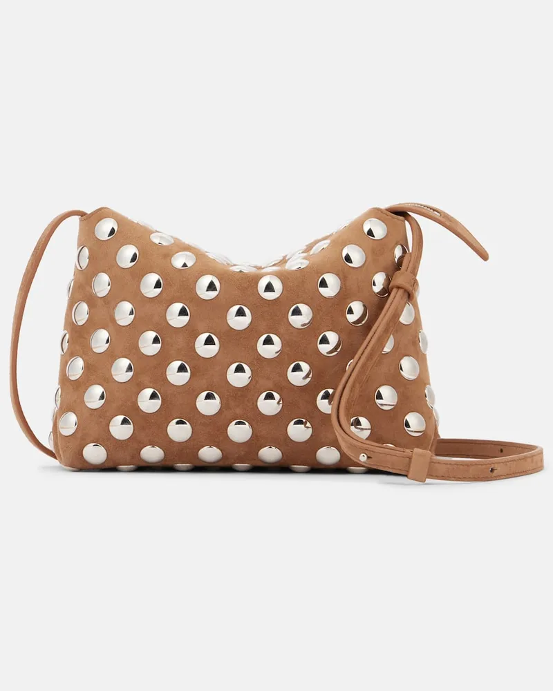 KHAITE Verzierte Schultertasche Lina Medium aus Veloursleder Braun