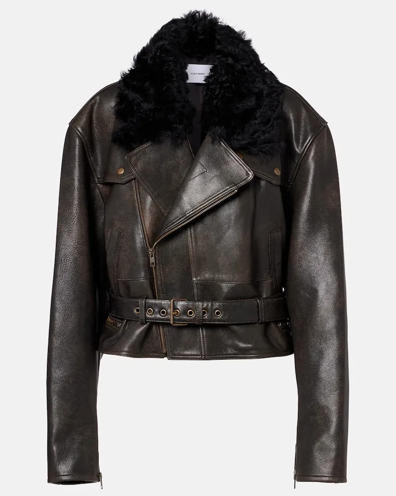 Alex Perry Cropped-Bikerjacke aus Leder mit Shearling Braun