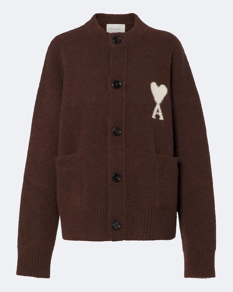 AMI Paris Cardigan Ami De Coeur aus Alpakawolle Braun