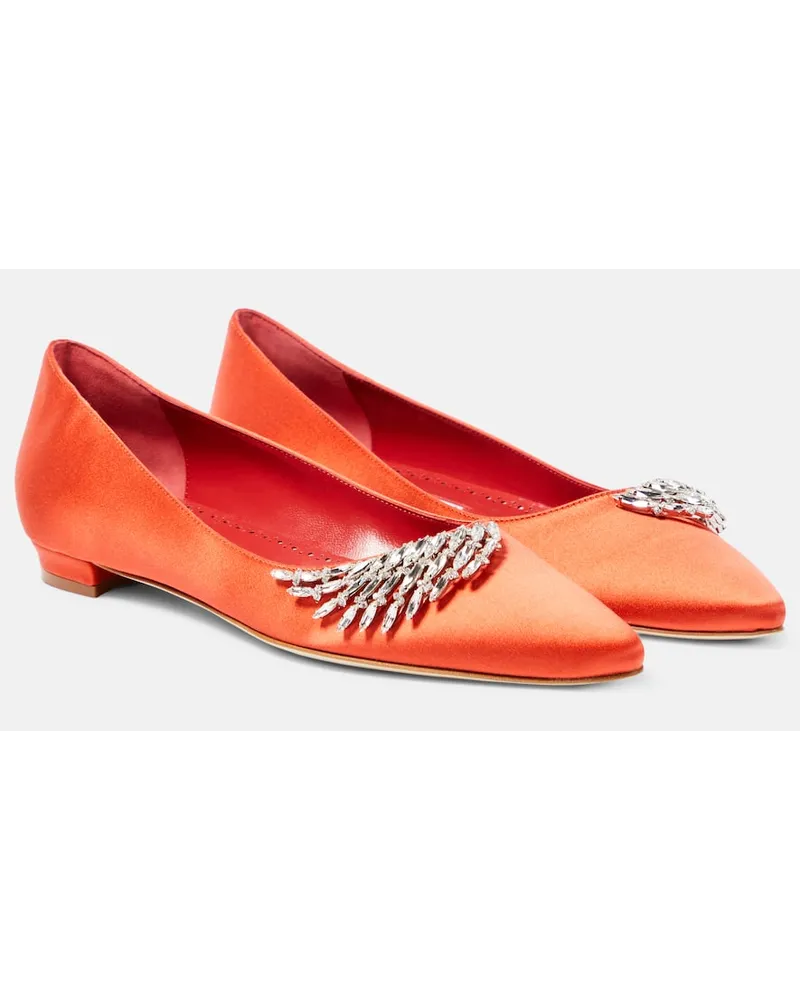 Manolo Blahnik Verzierte Ballerinas Pluma aus Satin Orange