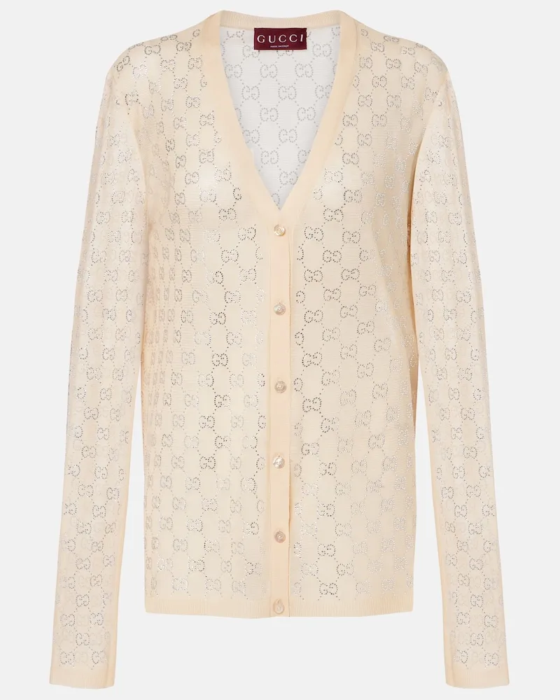 Gucci Cardigan GG aus Seide mit Kristallen Beige