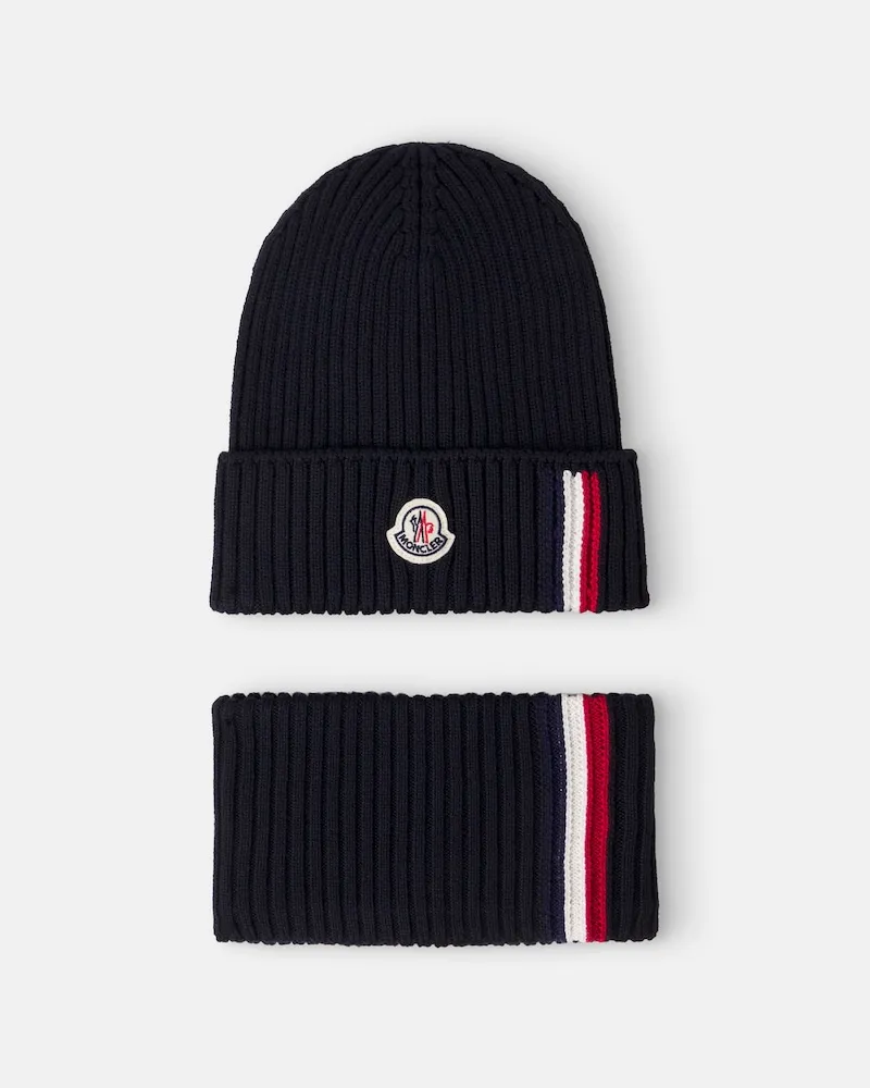 Moncler Set aus Beanie und Schal aus Schurwolle Blau