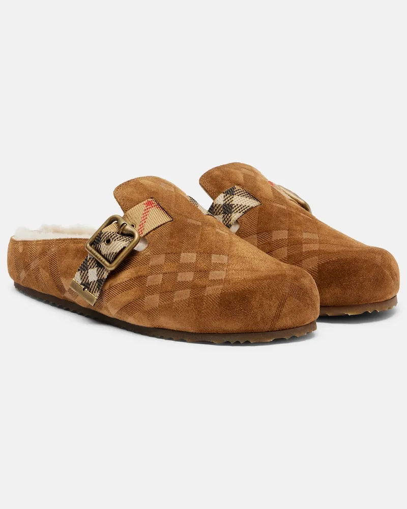 Burberry Clogs Urchin aus Veloursleder und Shearling Braun