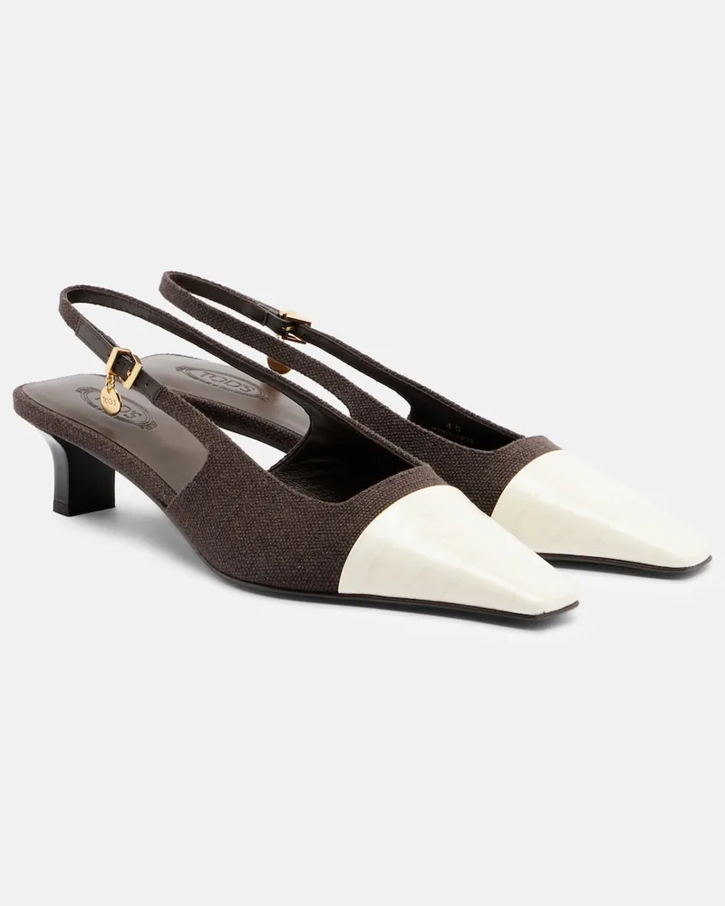 TOD'S Slingback-Pumps aus Canvas mit Leder Braun