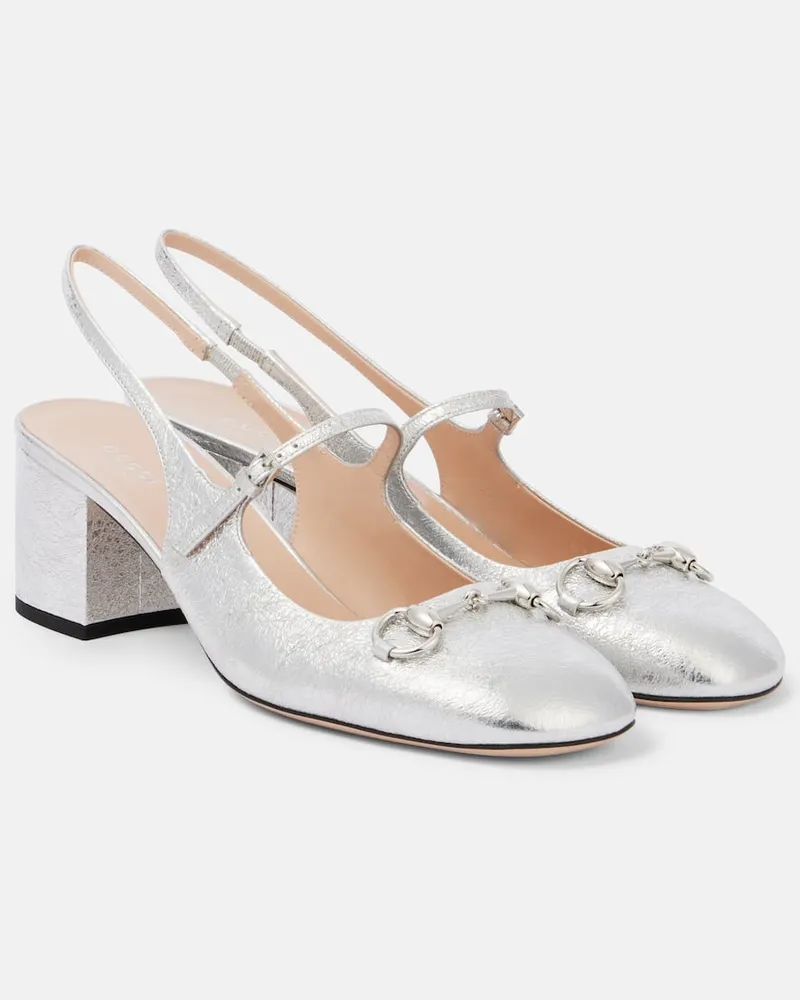 Gucci Slingback-Pumps Horsebit aus Metallic-Leder Silber