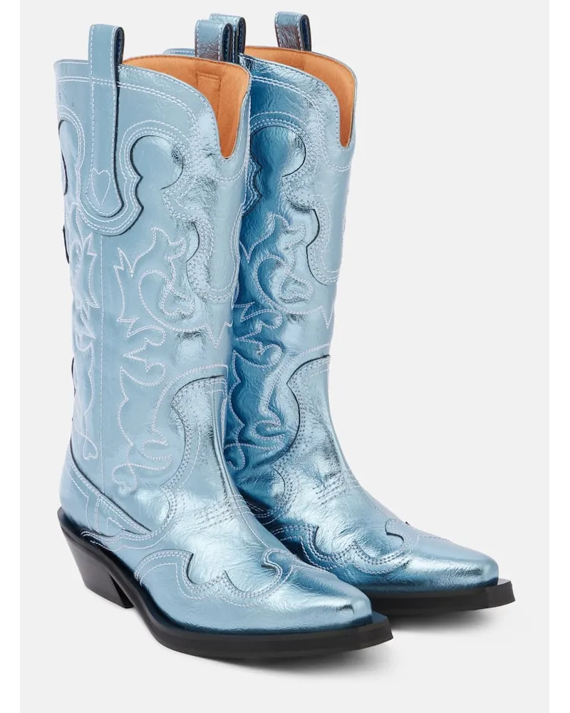 Ganni Bestickte Westernstiefel aus Metallic-Leder Blau