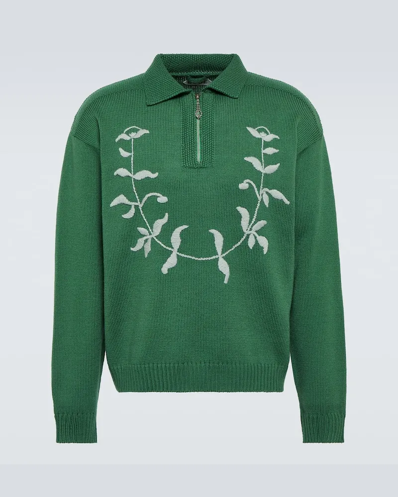 BODE Bestickter Polopullover aus Wolle Grün