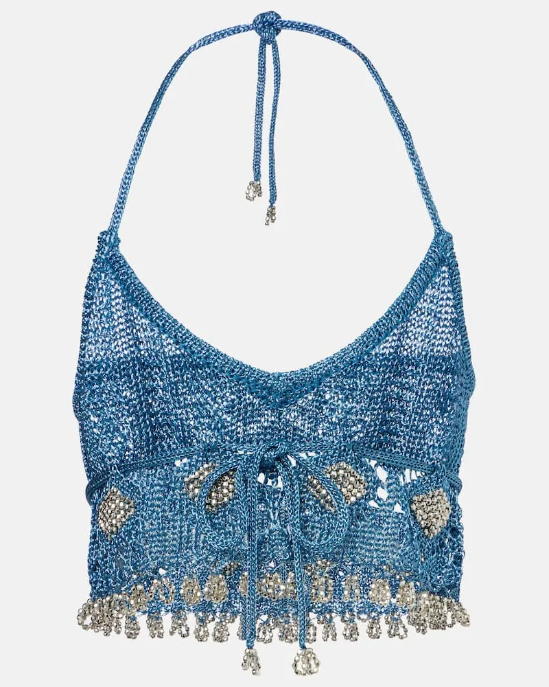 Paco Rabanne Verziertes Cropped-Top aus Häkelstrick Blau
