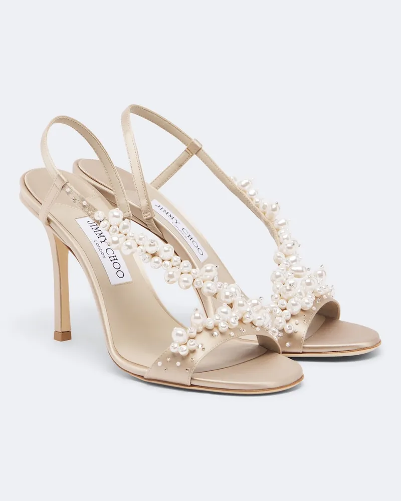 Jimmy Choo Verzierte Slingback-Sandalen Irina aus Satin Beige