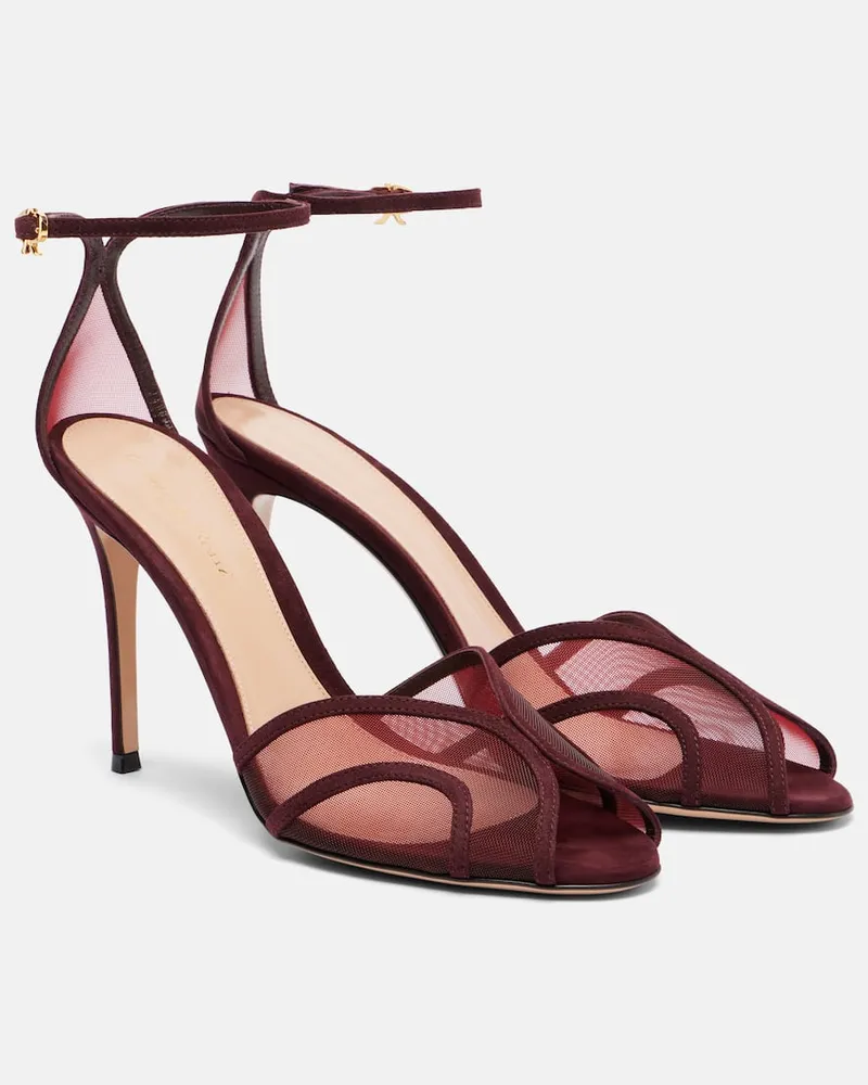 Gianvito Rossi Sandalen 95 aus Veloursleder und Mesh Burgunderrot
