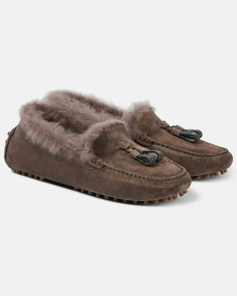 Brunello Cucinelli Verzierte Loafers aus Veloursleder mit Shearling Grau