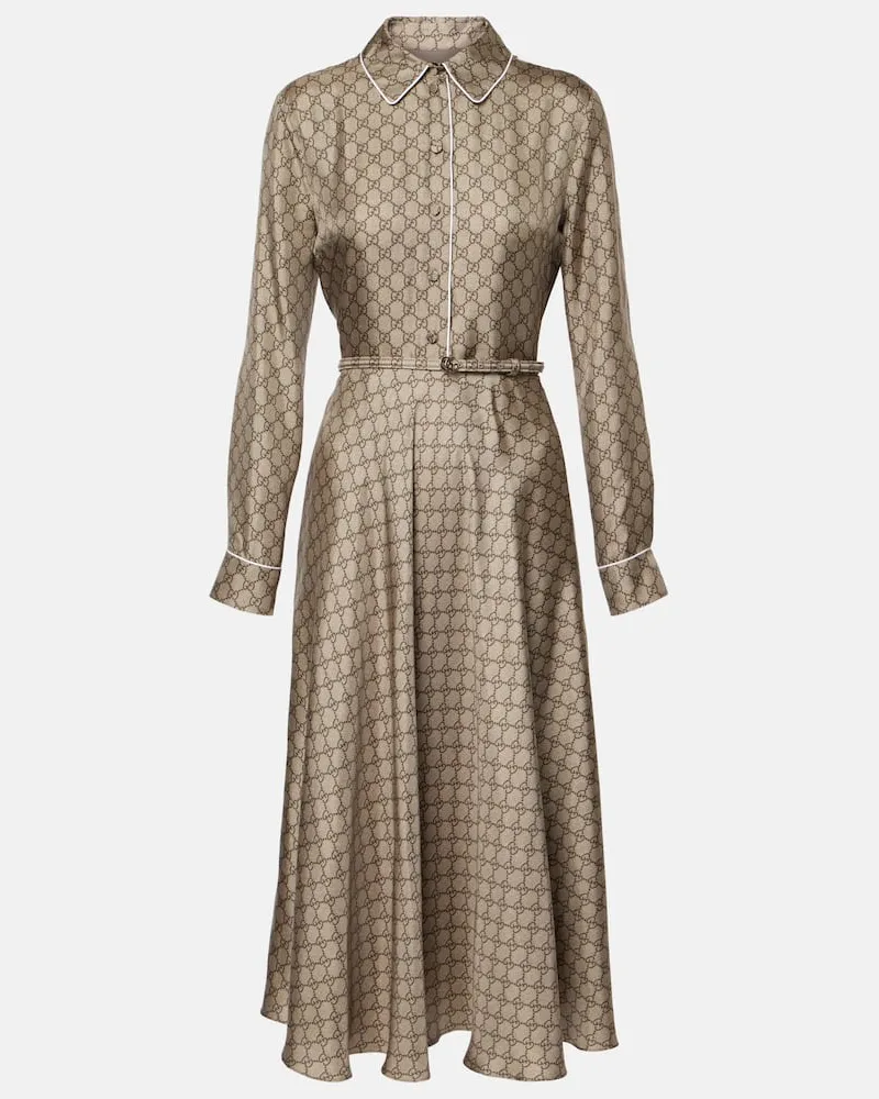 Gucci Hemdblusenkleid GG aus Seiden-Twill Beige