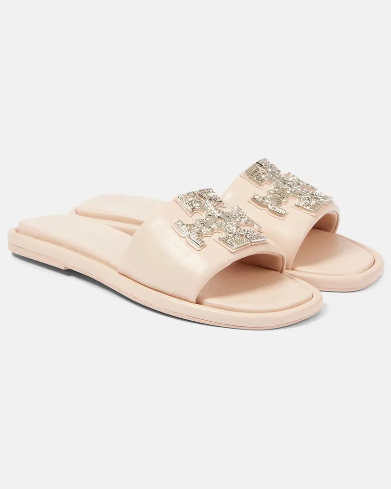 Tory Burch Verzierte Pantoletten Double T aus Leder Rosa