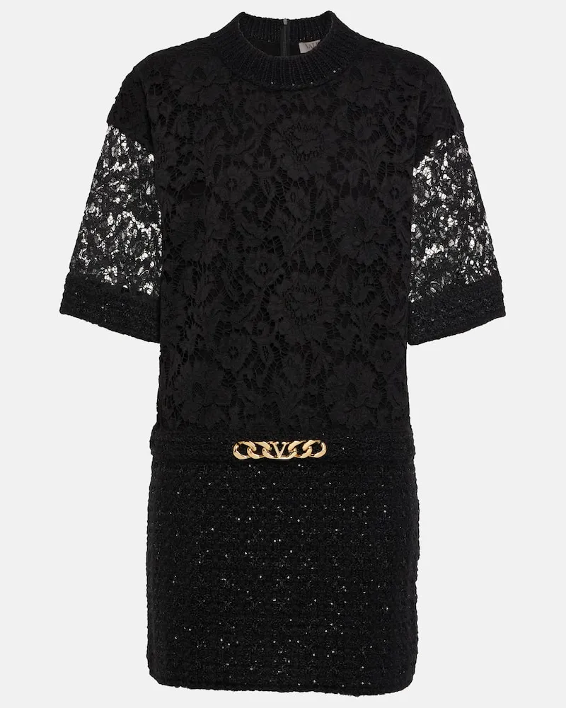 Valentino Garavani Minikleid VLogo Chain aus Boucle und Spitze Schwarz