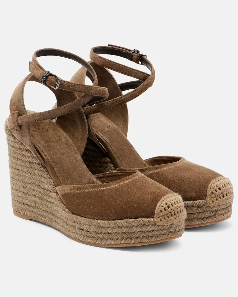 Brunello Cucinelli Wedge-Espadrilles Monili 80 aus Veloursleder Braun