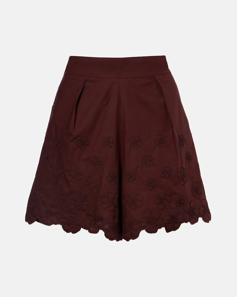 Juliet Dunn Bestickte Shorts aus Baumwollpopeline Burgunderrot