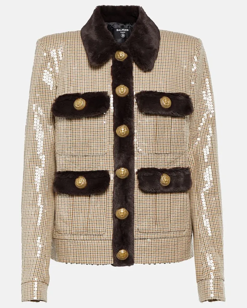 Balmain Jacke mit Pailletten und Faux Fur Weiß