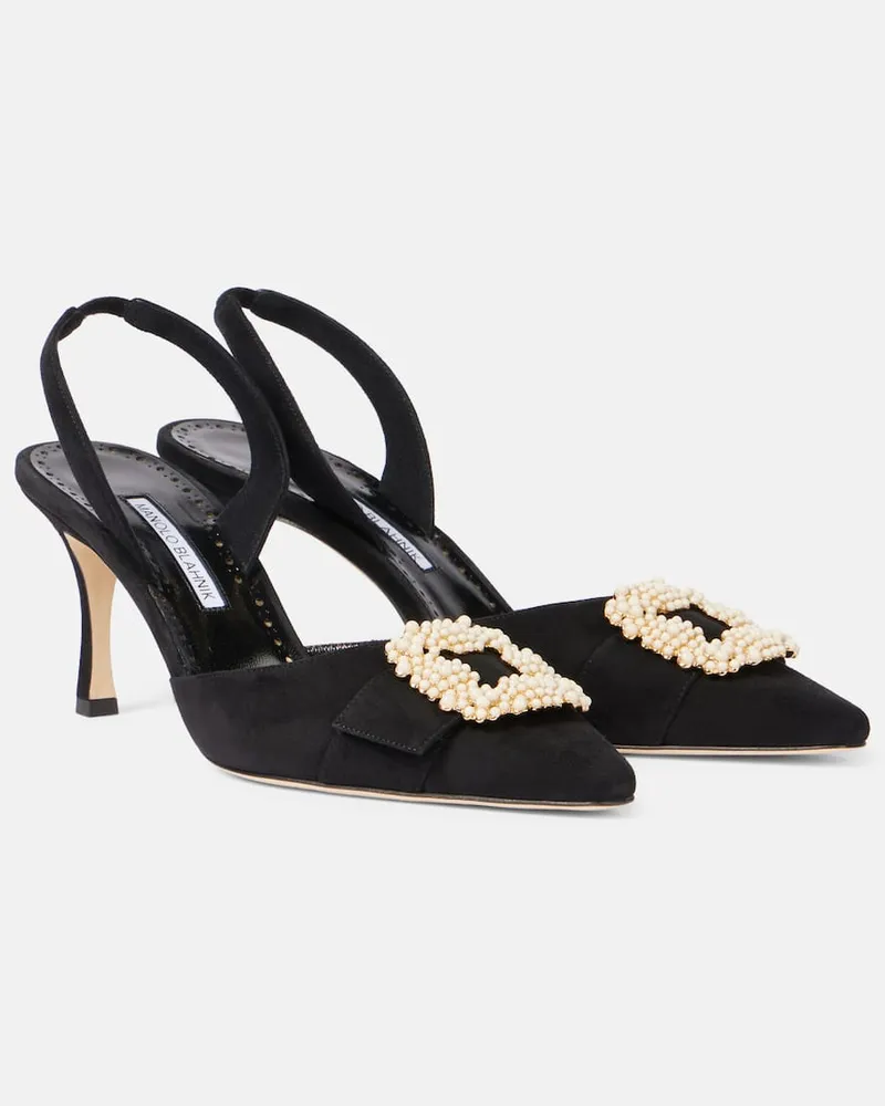 Manolo Blahnik Verzierte Slingback-Pumps Gibsli 70 aus Veloursleder Schwarz