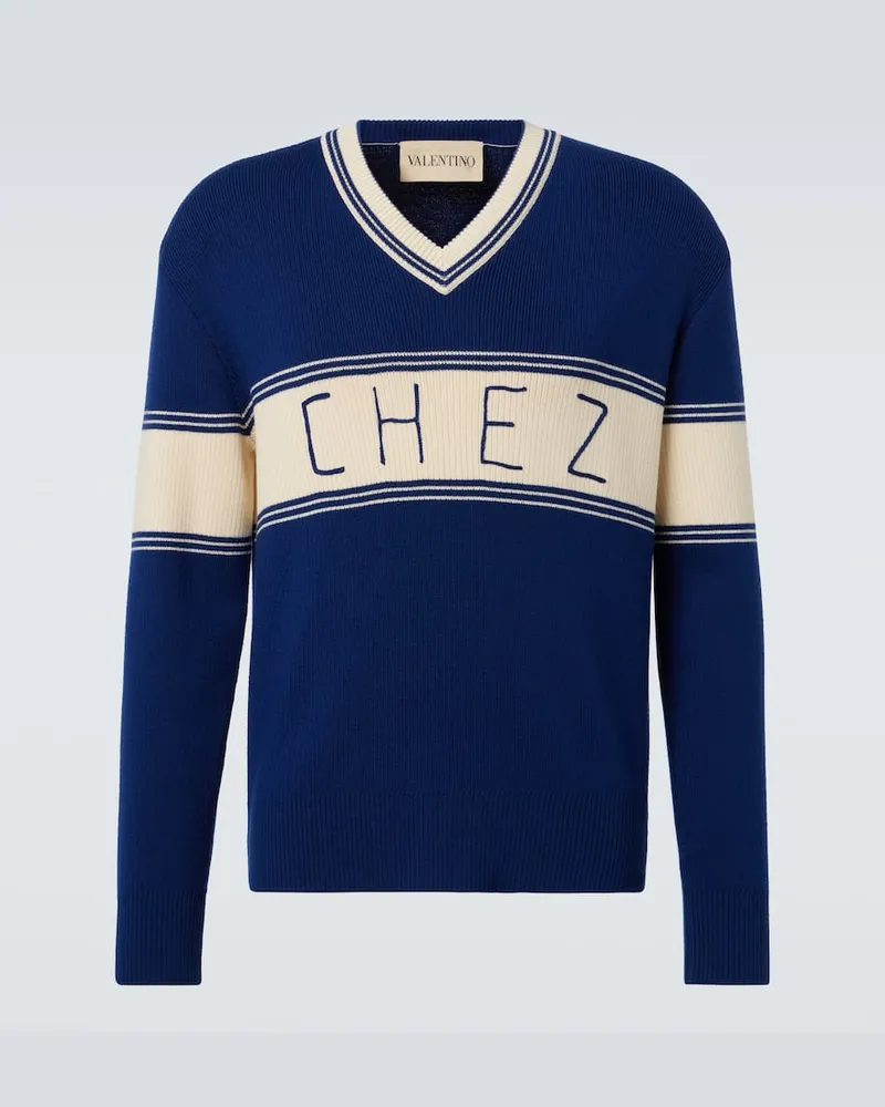 Valentino Garavani Pullover Chez Valentino aus Wolle und Baumwolle Blau