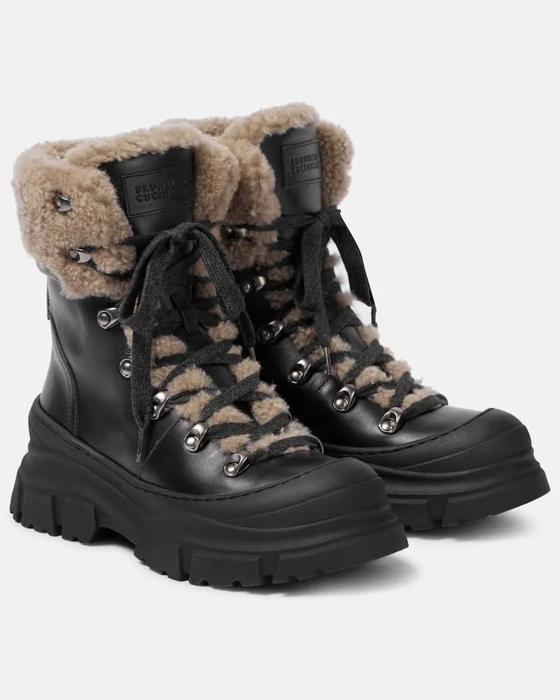 Brunello Cucinelli Schnürstiefel aus Leder mit Shearling Schwarz