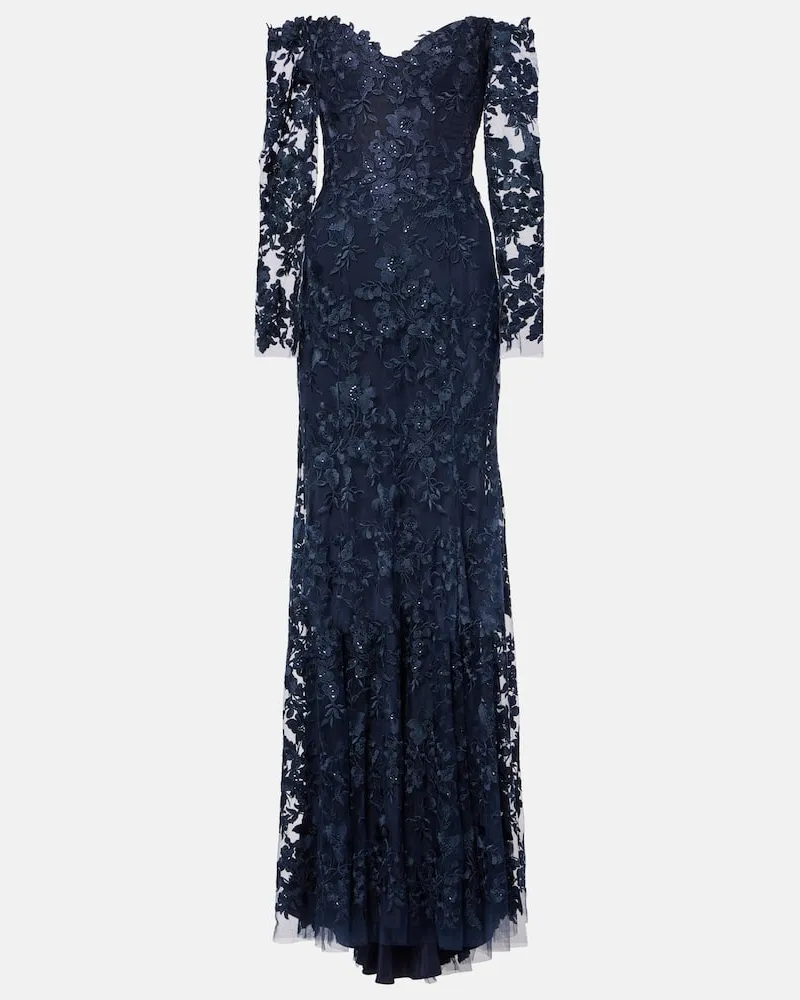 Monique Lhuillier Bestickte Robe aus Tüll Schwarz