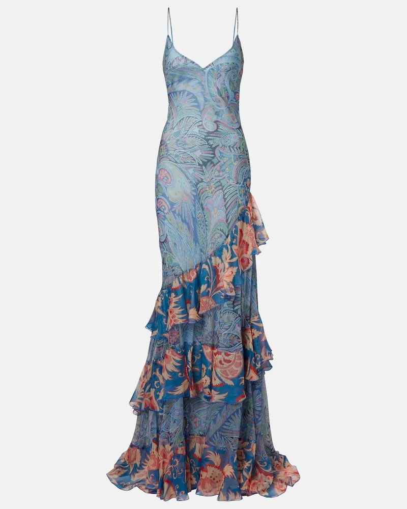Etro Maxikleid aus Seiden-Chiffon Blau