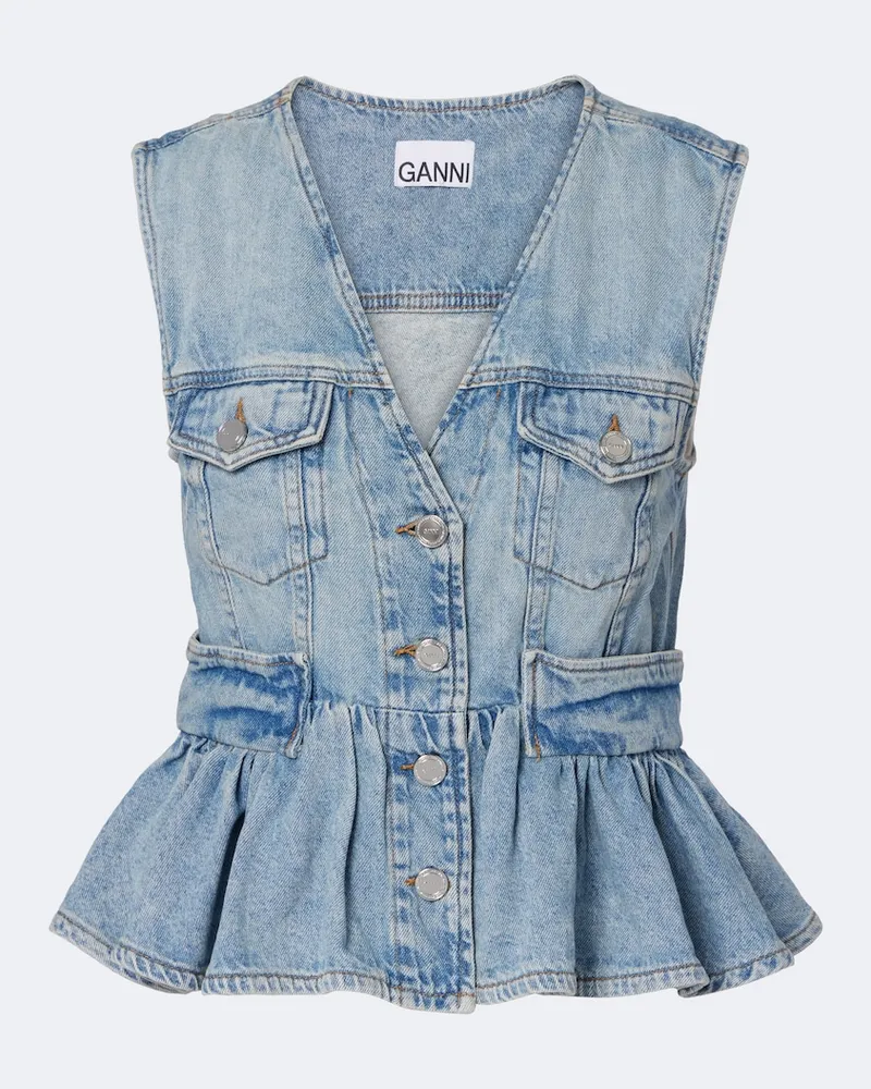 Ganni Top aus Denim mit Schößchen Blau