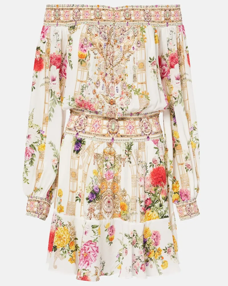 Camilla Bedrucktes Minikleid aus Seide Weiß
