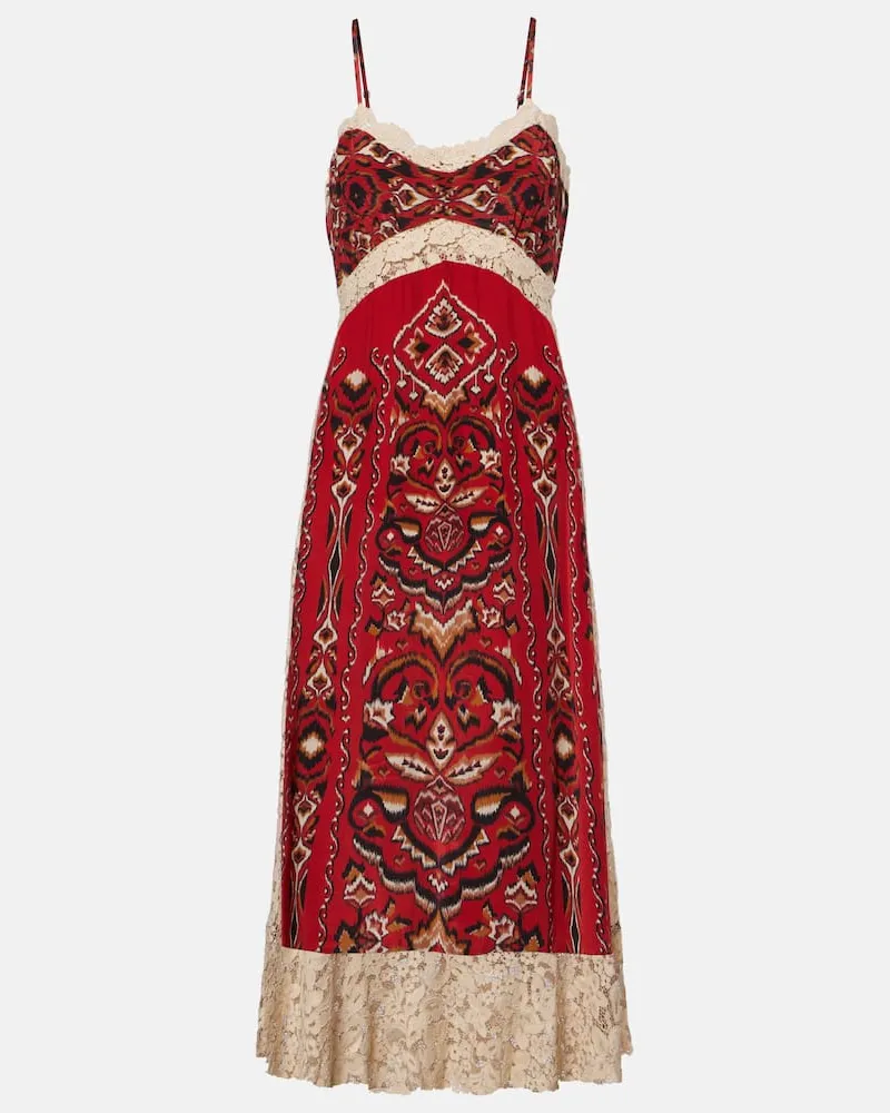 FARM Rio Midikleid Ainika Pineapple Ikat mit Spitze Rot