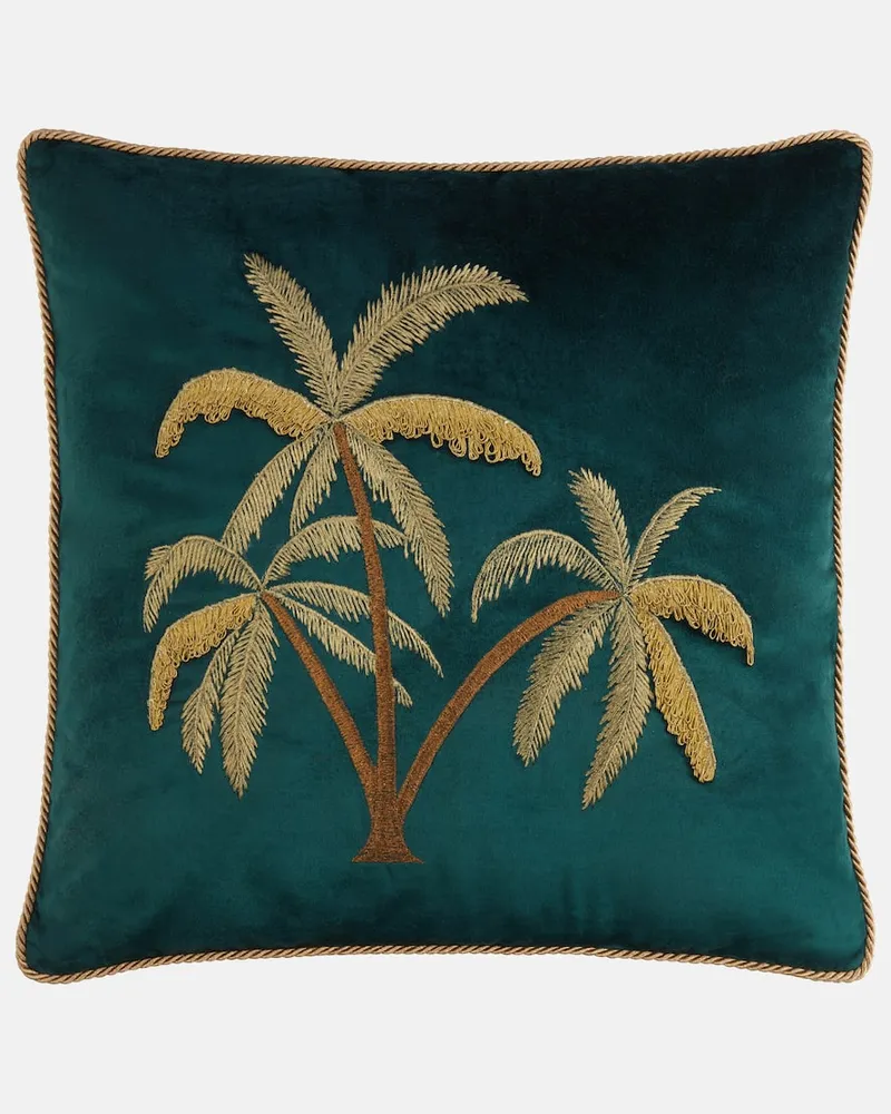 Les-Ottomans Besticktes Kissen aus Baumwollsamt Grün