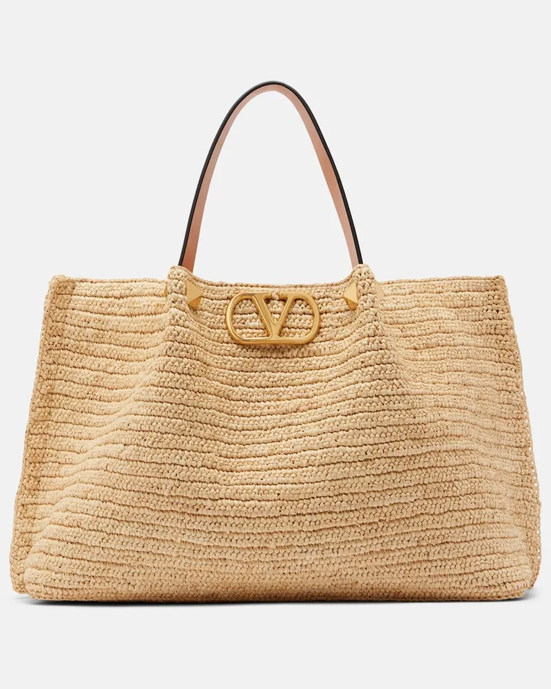 Valentino Garavani Tote Bag VLogo Medium aus Raffiabast mit Leder Neutral