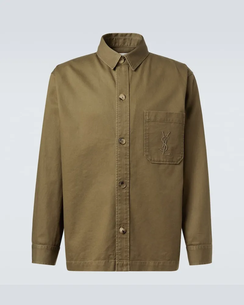 Saint Laurent Hemdjacke Cassandre aus Baumwolle und Leinen Grün